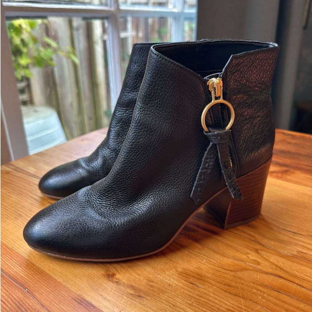 Franco Sarto Black Leather Ankle Booties with Gold Ring Accent